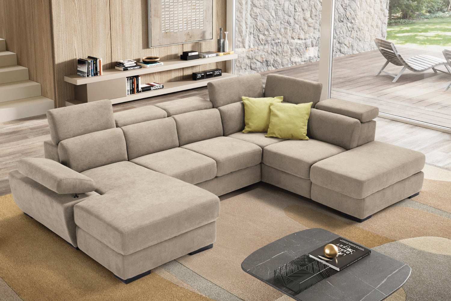 FABIOLA 2-seater chaise longue sofa with terminal corner and storage pouf - KOMODO bed opening