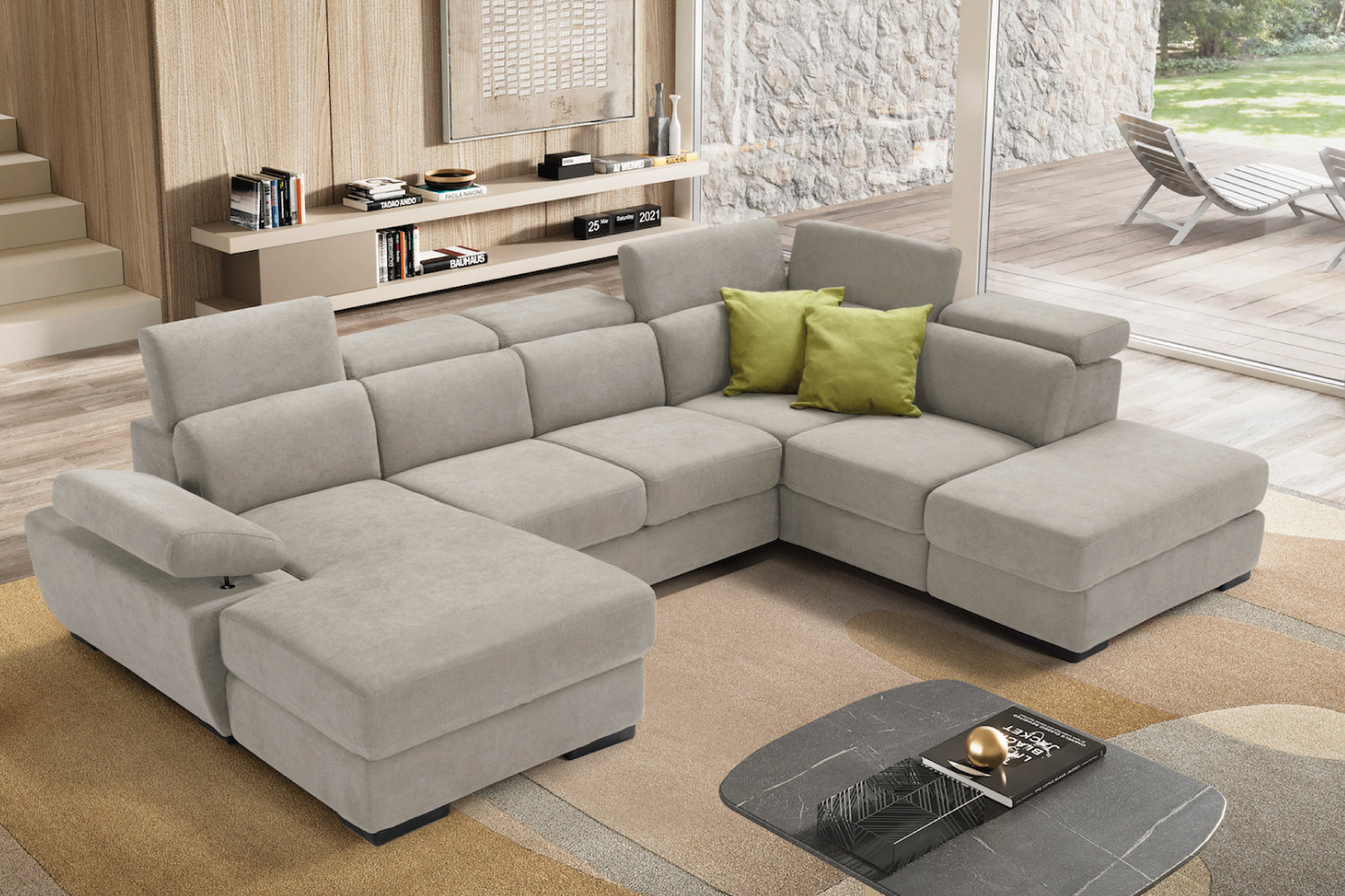 FABIOLA 2-seater chaise longue sofa with terminal corner and storage pouf - KOMODO bed opening