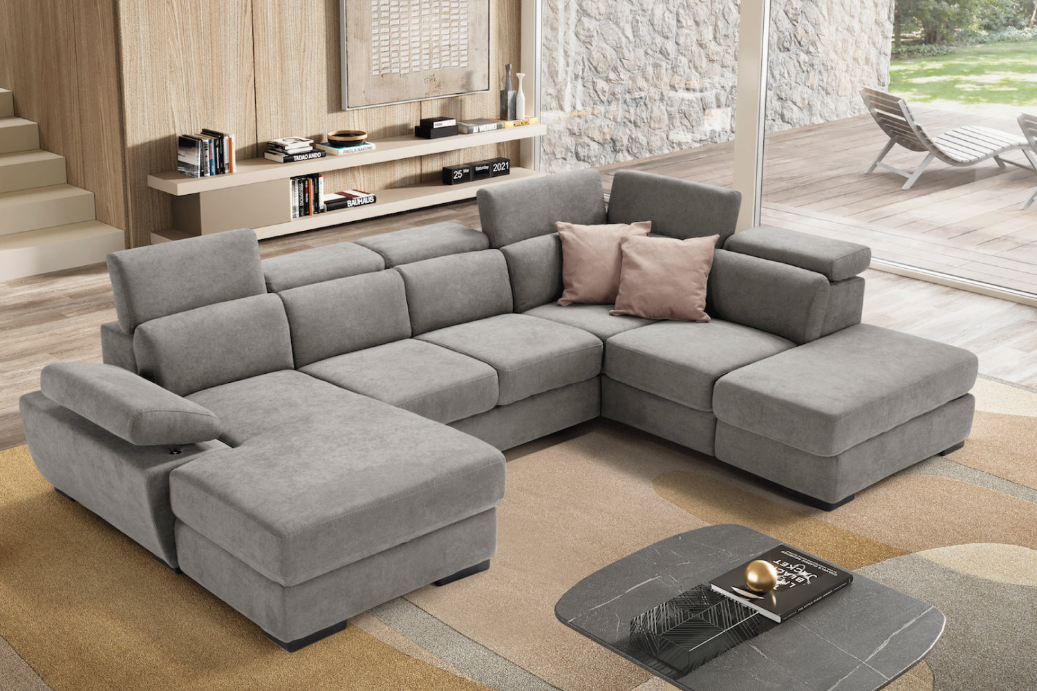 FABIOLA 2-seater chaise longue sofa with terminal corner and storage pouf - KOMODO bed opening