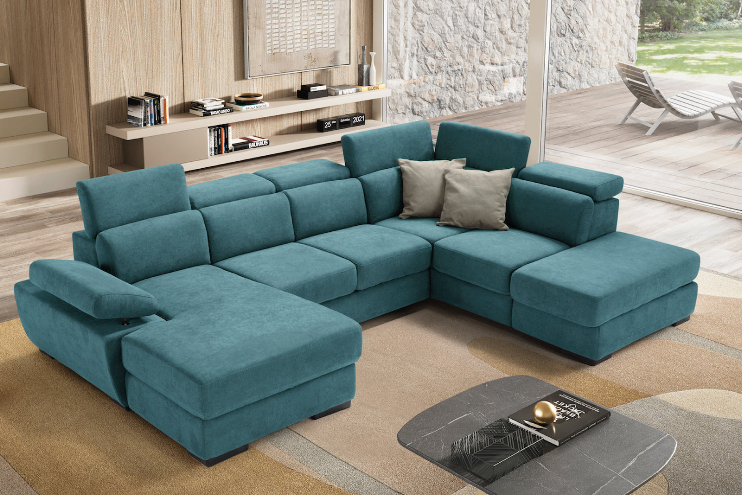 FABIOLA 2-seater chaise longue sofa with terminal corner and storage pouf - KOMODO bed opening