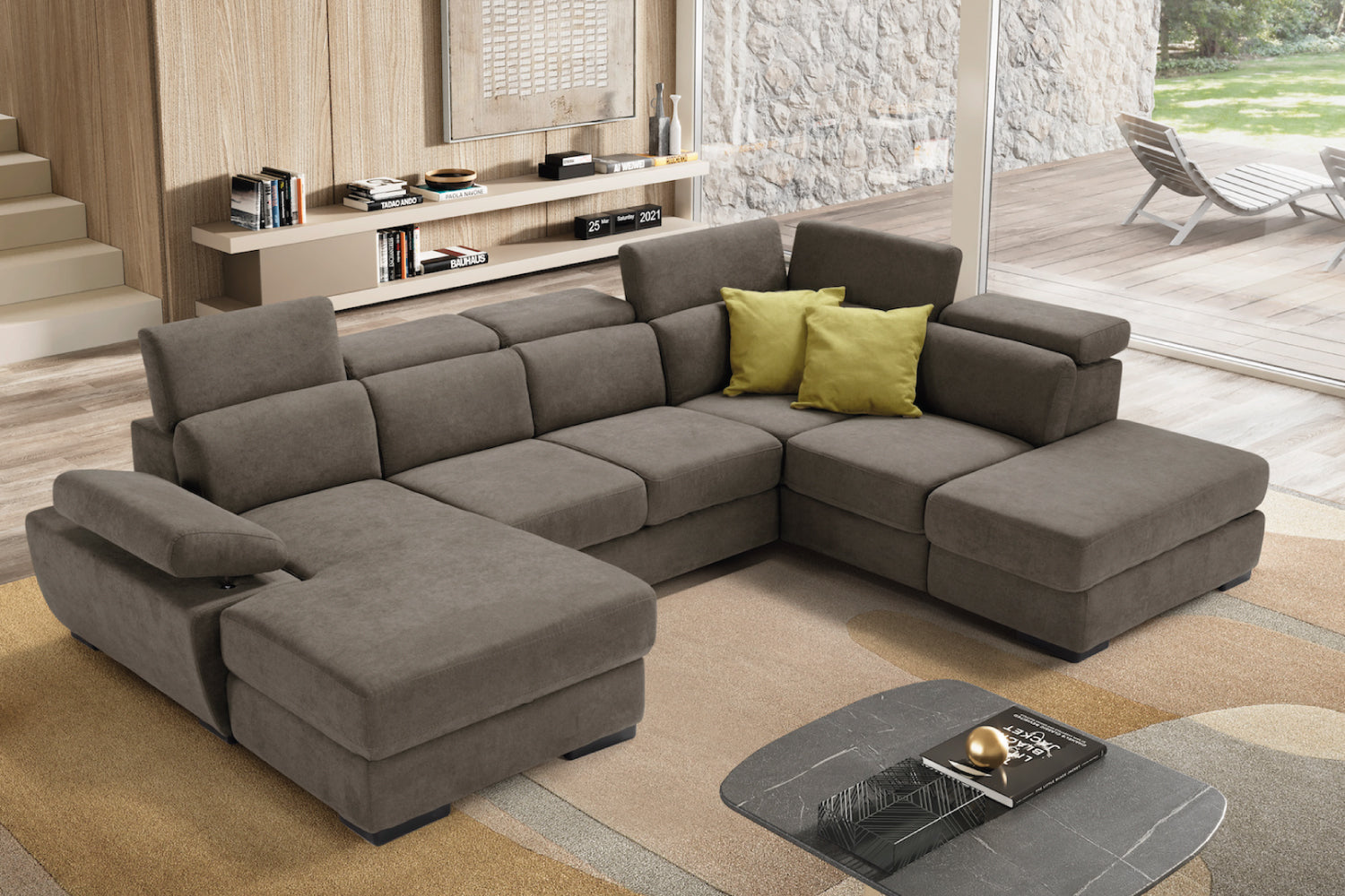 FABIOLA 2-seater chaise longue sofa with terminal corner and storage pouf - KOMODO bed opening