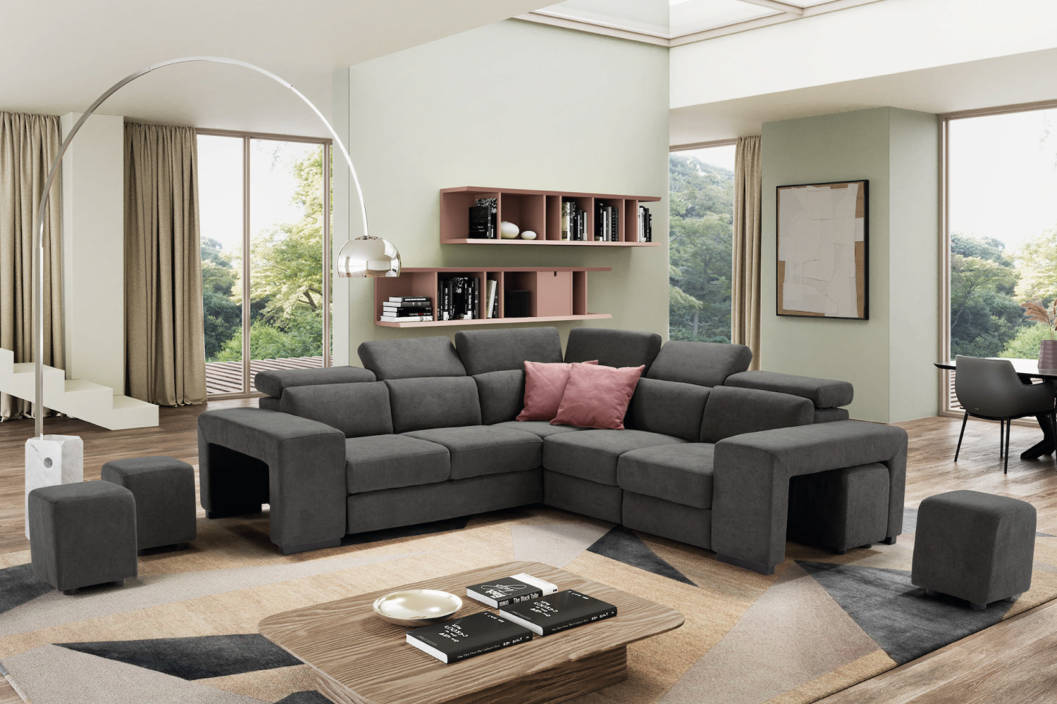 Canapé 2 places TALENTO, bout d'angle et fauteuil Jolly avec tiroir de rangement - Ouverture lit KOMODO